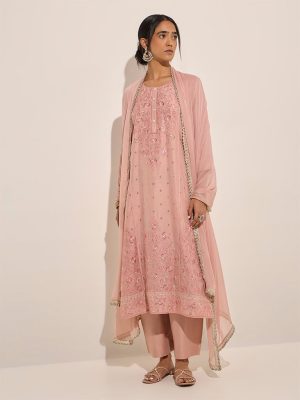 Vark Dusty Pink A-Line Kurta. Pants and Dupatta Set
