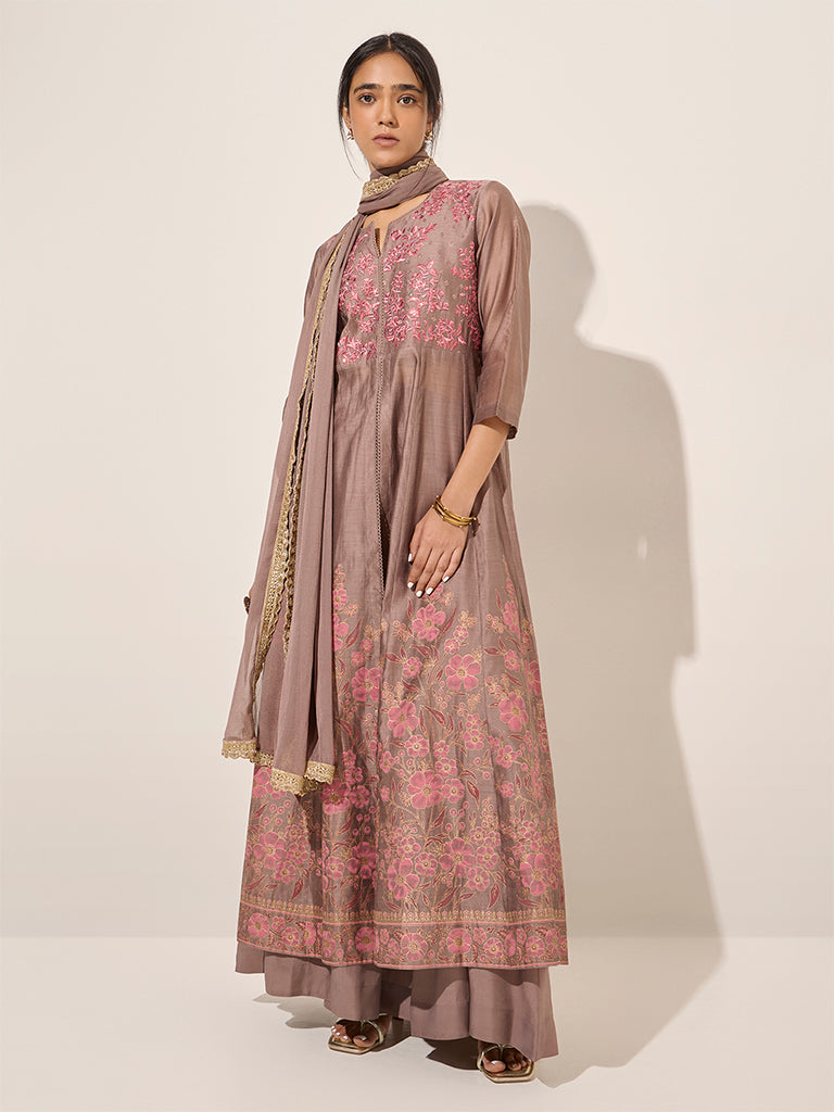 Vark Brown Embroidered A-Line Kurta. Skirt and Dupatta Set