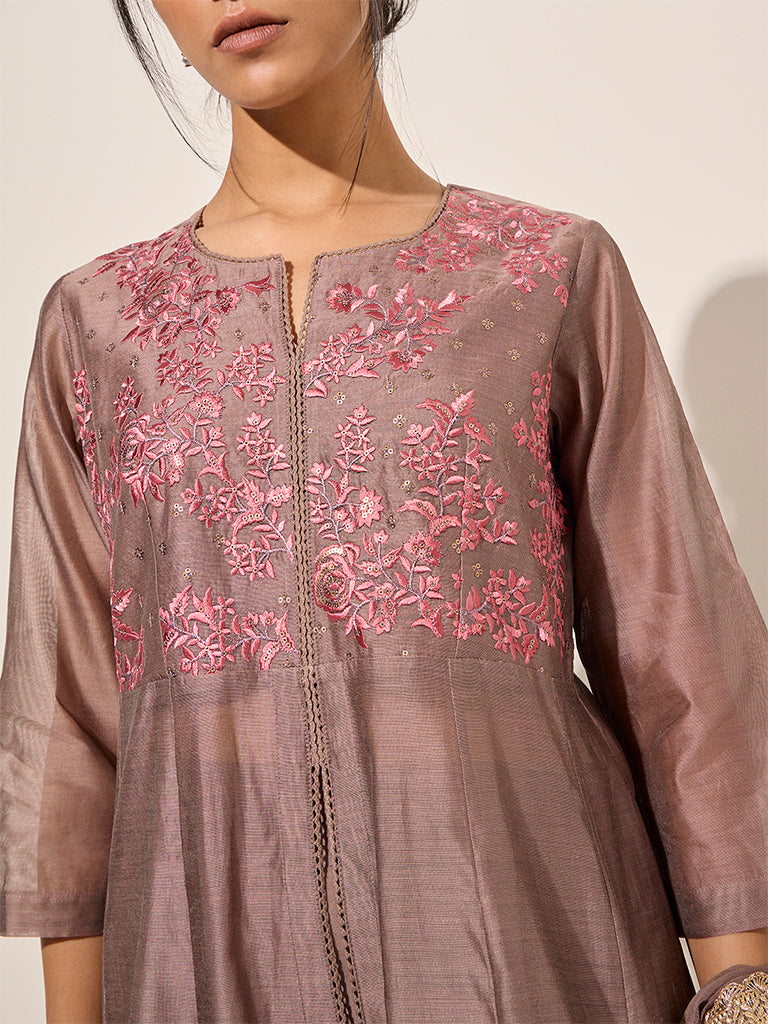 Vark Brown Embroidered A-Line Kurta. Skirt and Dupatta Set - Image 2