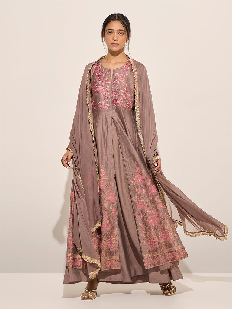 Vark Brown Embroidered A-Line Kurta. Skirt and Dupatta Set - Image 3