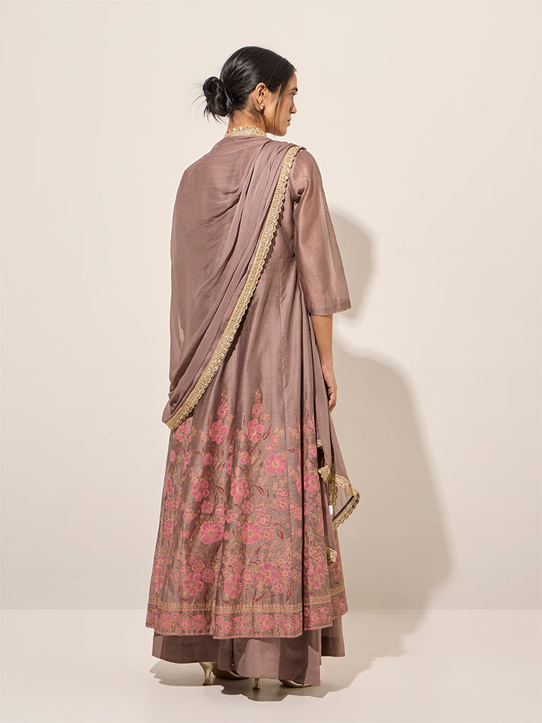 Vark Brown Embroidered A-Line Kurta. Skirt and Dupatta Set - Image 4