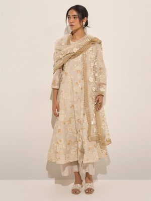 Vark Off-White Floral Printed A-Line Kurta. Inner. Palazzos and Dupatta Set