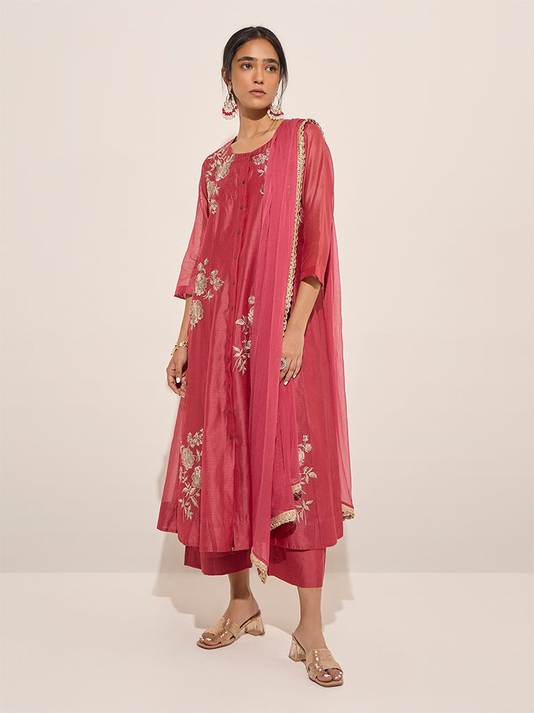Vark Pink A-Line Kurta. Inner. Palazzo and Dupatta Set