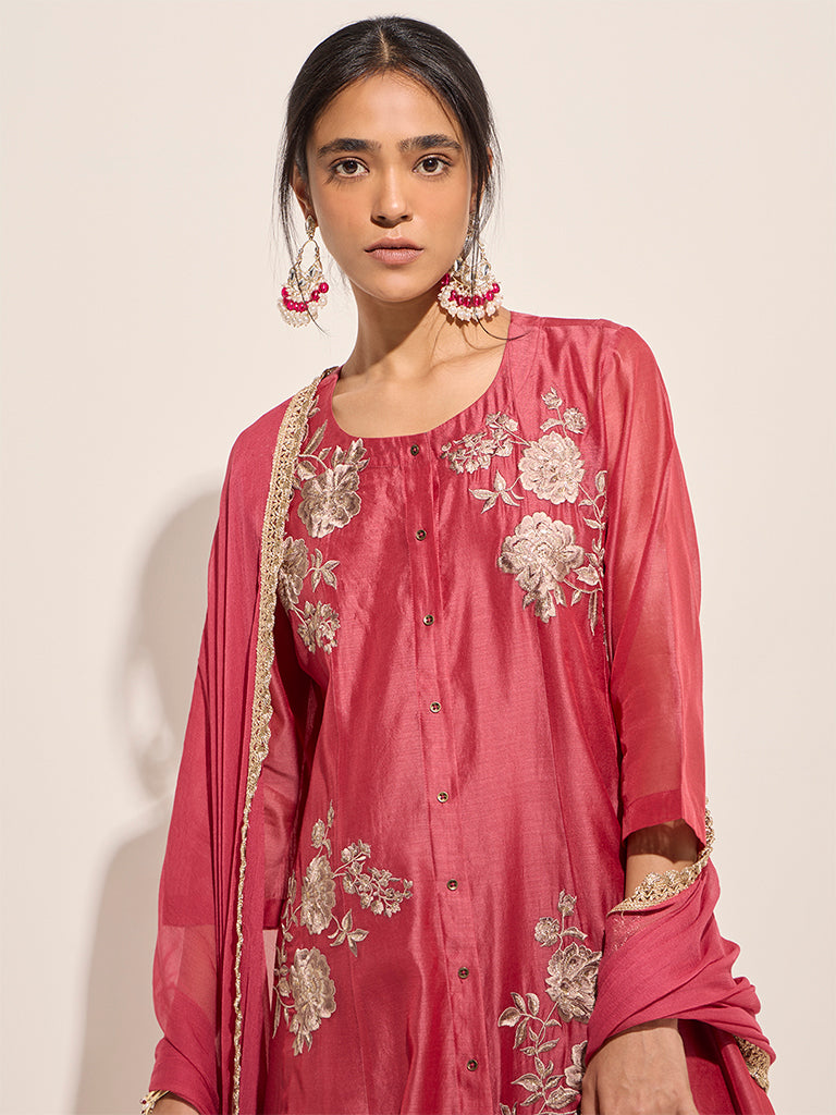 Vark Pink A-Line Kurta. Inner. Palazzo and Dupatta Set - Image 2