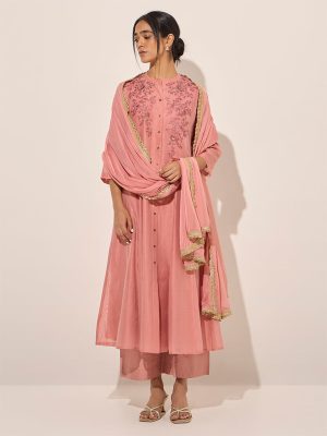 Vark Light Pink A-Line Kurta. Inner. Palazzos and Dupatta