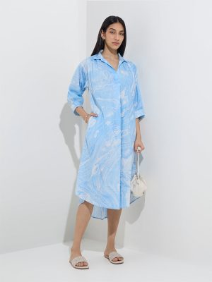 Utsa Blue Marble Printed Cotton High-Low Straight Dress
