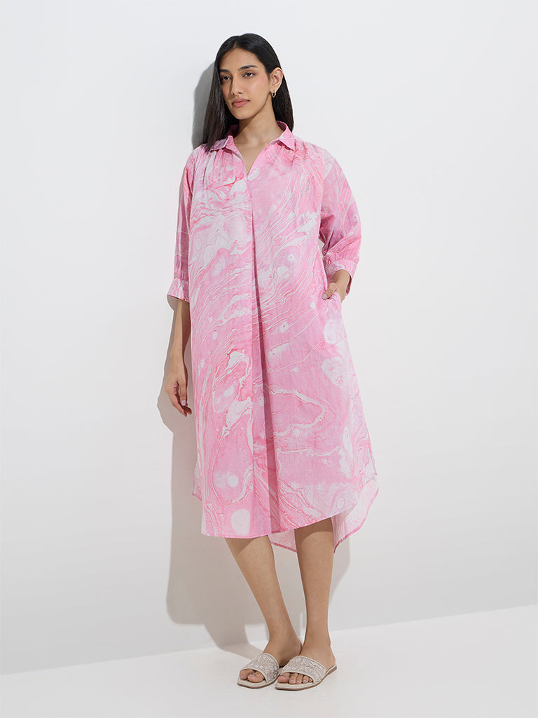 Utsa Pink Marble Printed High-Low Cotton A-Line Dress