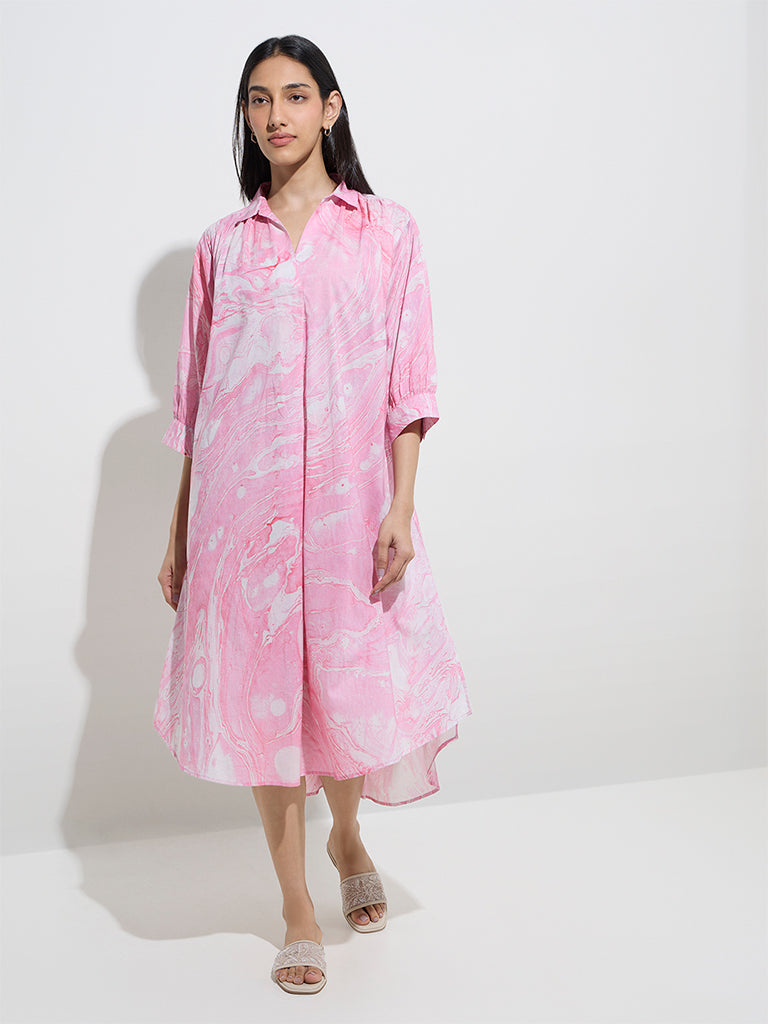 Utsa Pink Marble Printed High-Low Cotton A-Line Dress - Image 3