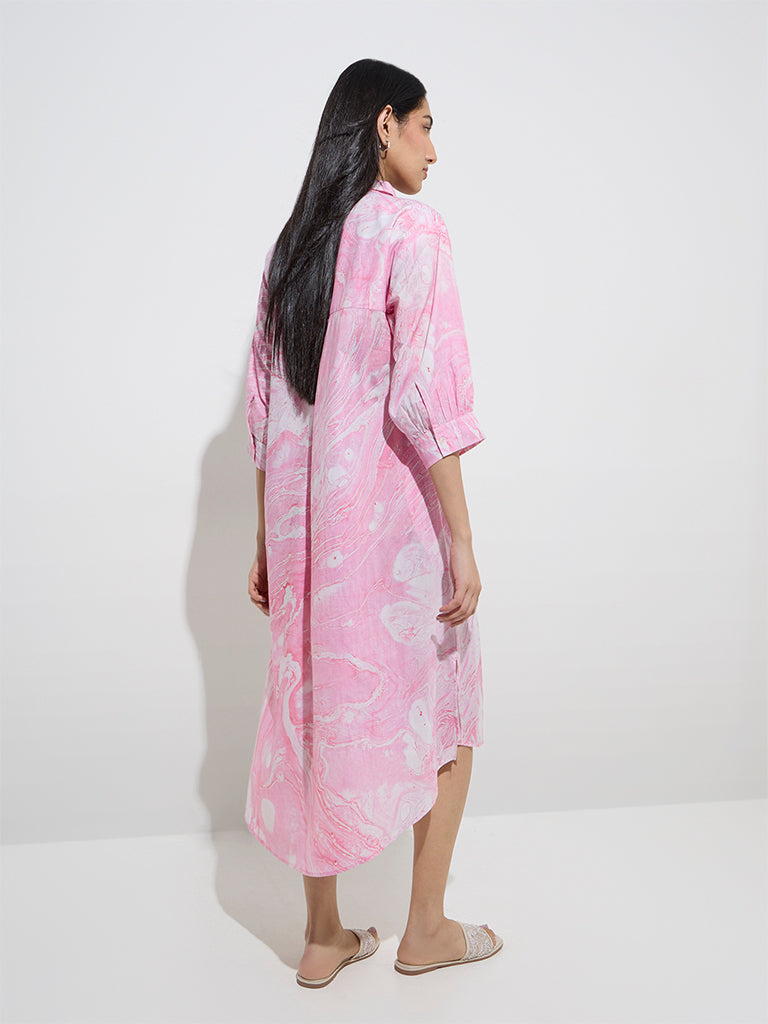 Utsa Pink Marble Printed High-Low Cotton A-Line Dress - Image 4
