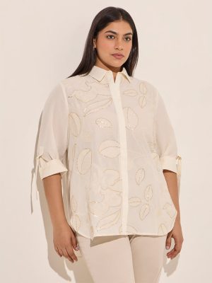 Gia Off-White Leaf Embroidered Cotton Shirt