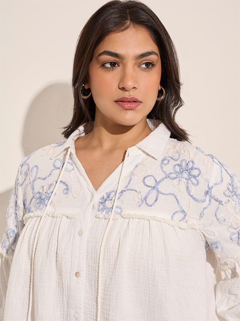 Gia White Floral Embroidered Cotton Shirt - Image 2
