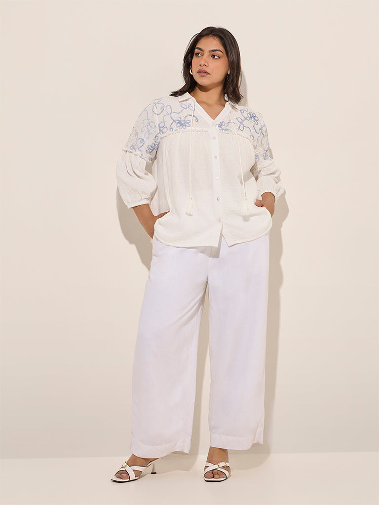 Gia White Floral Embroidered Cotton Shirt - Image 3