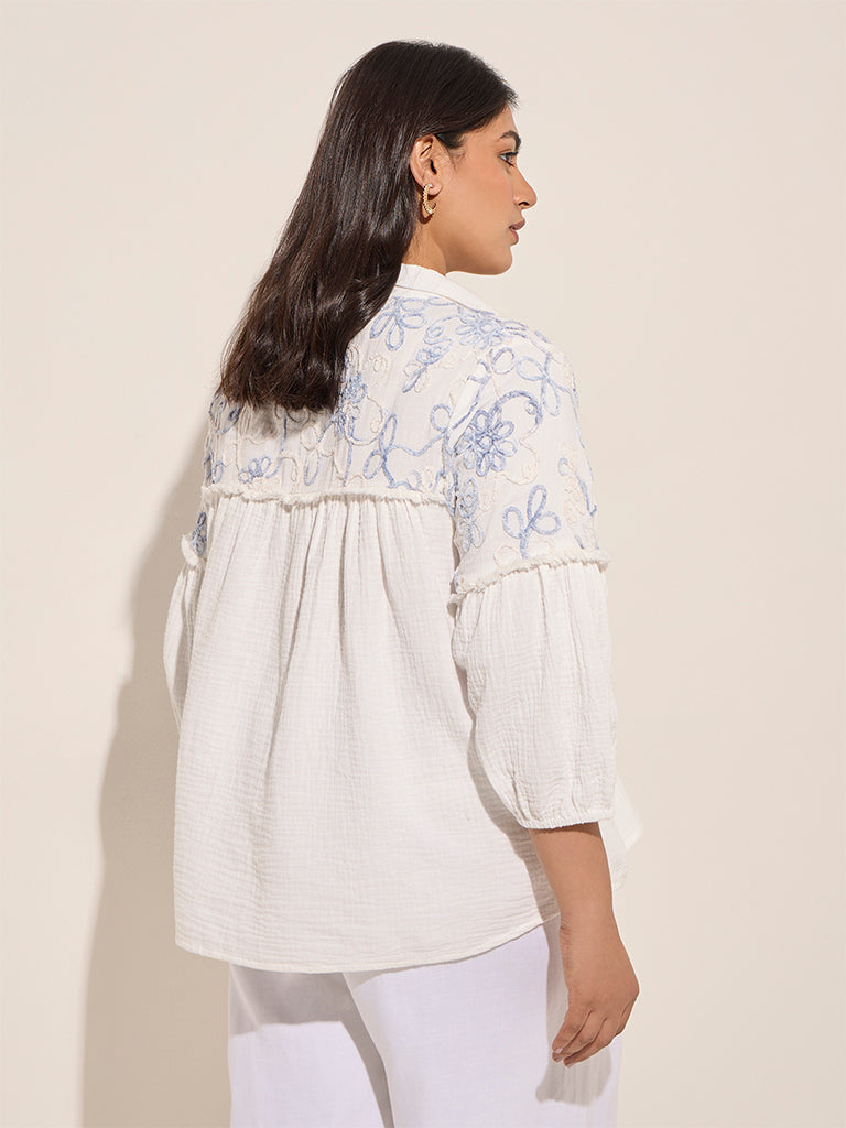 Gia White Floral Embroidered Cotton Shirt - Image 4