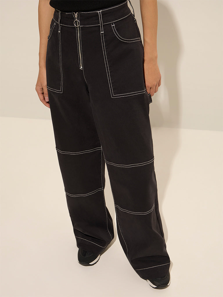 Nuon Black High-Rise Relaxed-Fit Cotton Trousers - Image 3