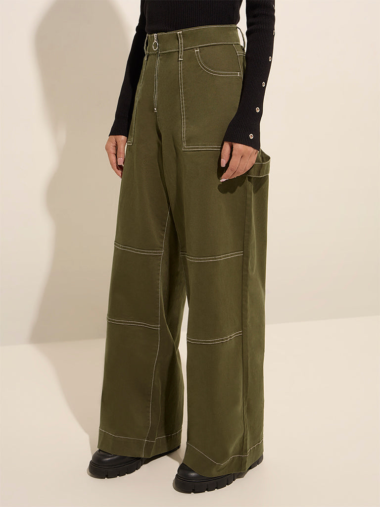 Nuon Olive High-Rise Relaxed-Fit Cotton Trousers - Image 3