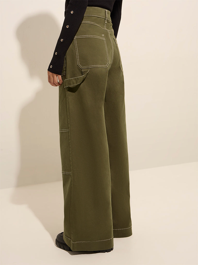 Nuon Olive High-Rise Relaxed-Fit Cotton Trousers - Image 4