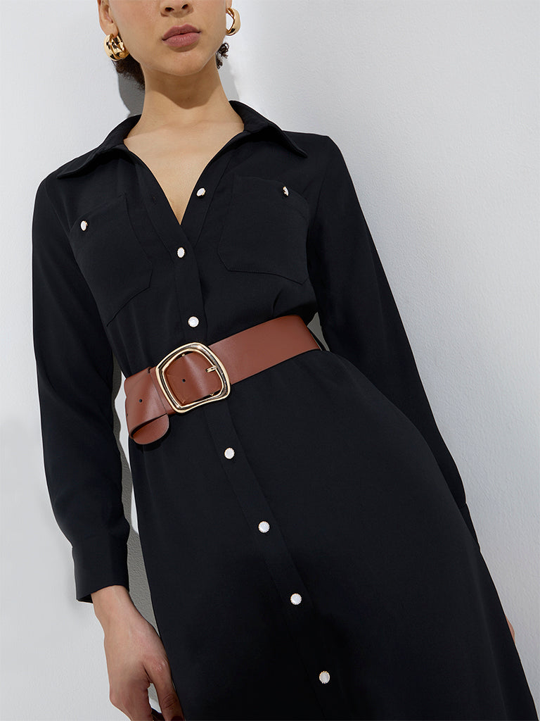 Wardrobe Black Solid Shirt Dress with Belt - Image 2
