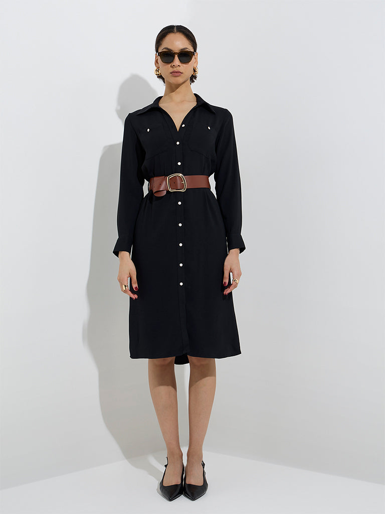 Wardrobe Black Solid Shirt Dress with Belt - Image 3