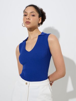 Wardrobe Blue Ribbed-Textured Top