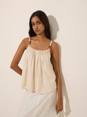 LOV Beige Pintuck Detailed Linen-Blend Top