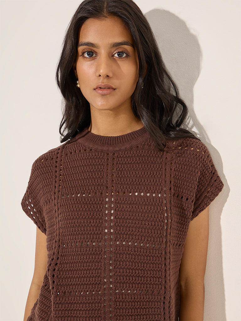 LOV Dark Brown Crochet Cotton Top - Image 2
