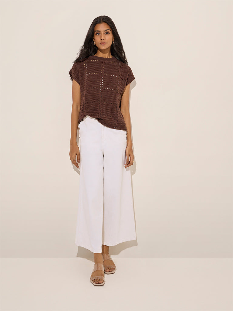LOV Dark Brown Crochet Cotton Top - Image 3