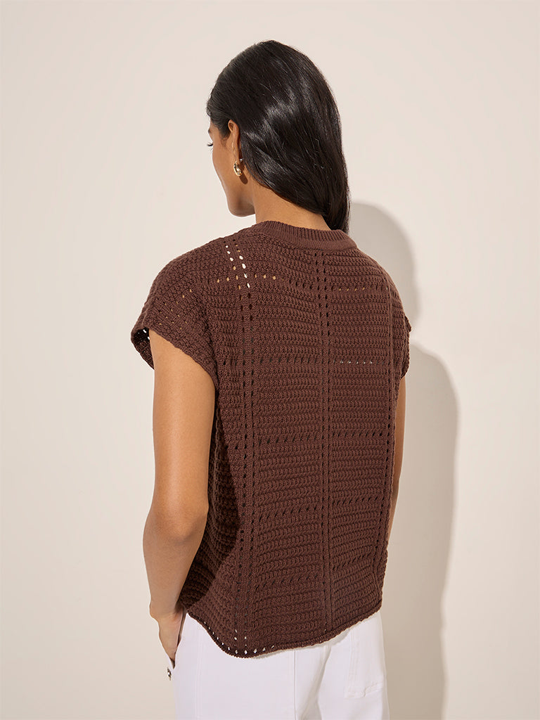 LOV Dark Brown Crochet Cotton Top - Image 4