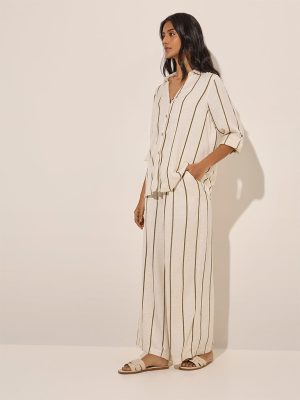 LOV Off-White Striped High-Rise Linen-Blend Pants