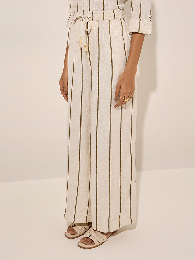 LOV Off-White Striped High-Rise Linen-Blend Pants - Image 3