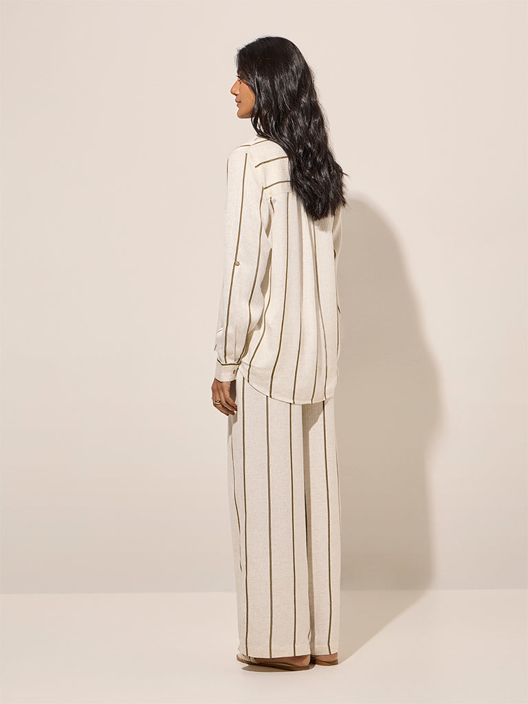 LOV Off-White Striped High-Rise Linen-Blend Pants - Image 4