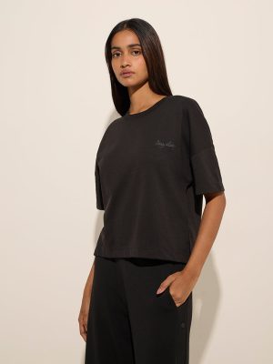 LOV Black Embroidered High-Low Cotton-Blend Top