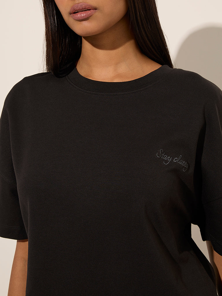LOV Black Embroidered High-Low Cotton-Blend Top - Image 2