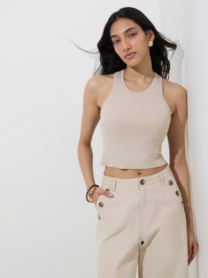 LOV Beige Ribbed-Textured Tank Top
