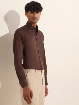 WES Formals Brown Slim-Fit Cotton-Blend Shirt
