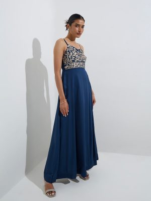 Vark Teal Embroidered A-Line Dress