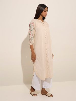 Utsa Beige Floral Embroidered Straight Cotton Kurta