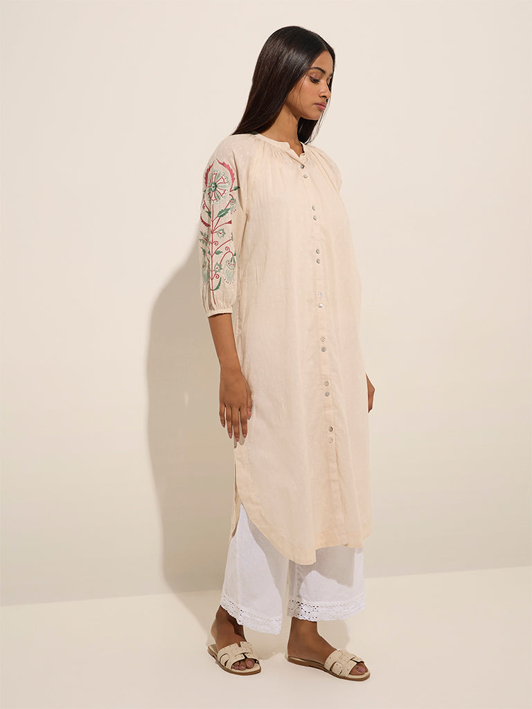 Utsa Beige Floral Embroidered Straight Cotton Kurta