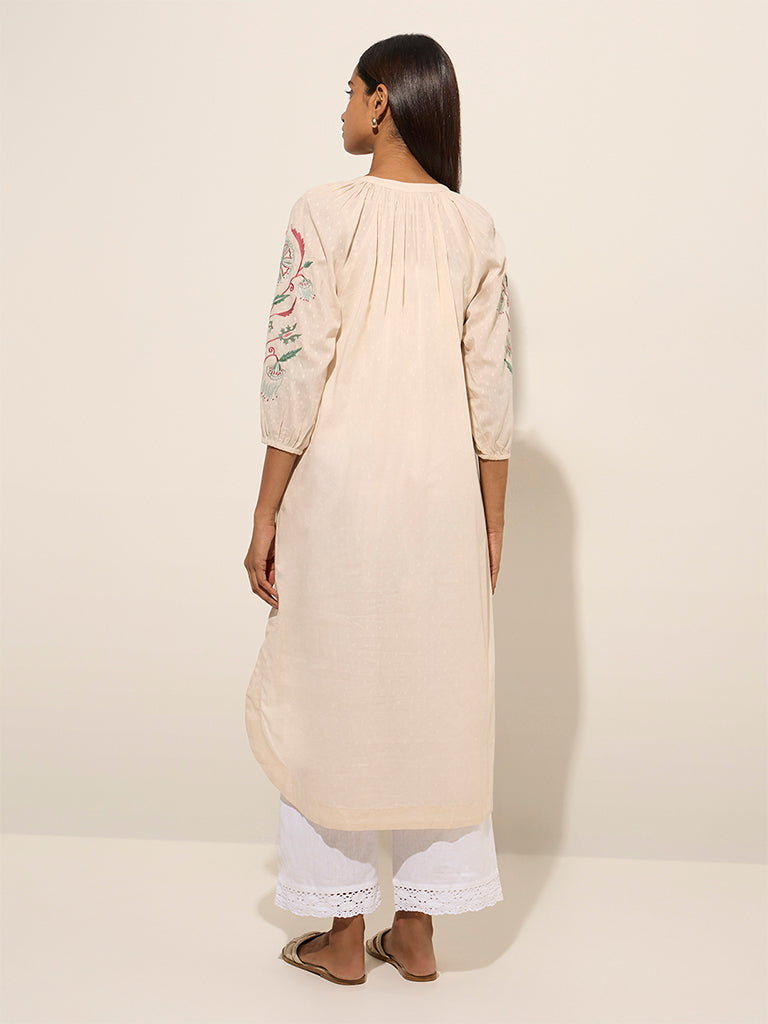 Utsa Beige Floral Embroidered Straight Cotton Kurta - Image 2