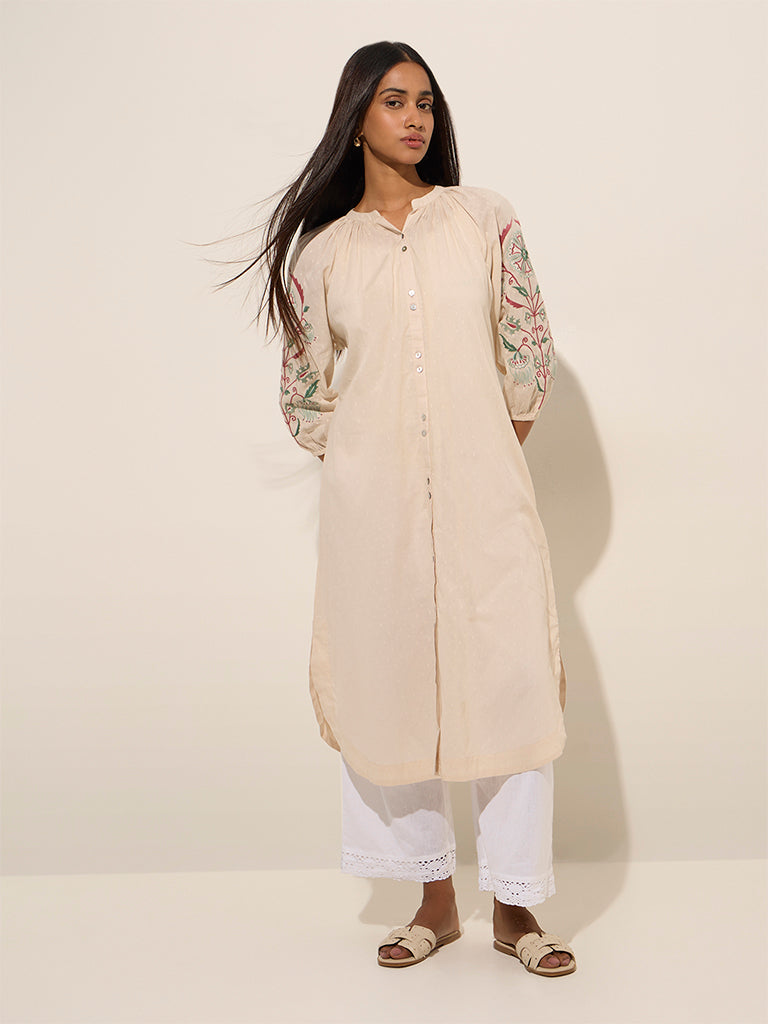 Utsa Beige Floral Embroidered Straight Cotton Kurta - Image 3