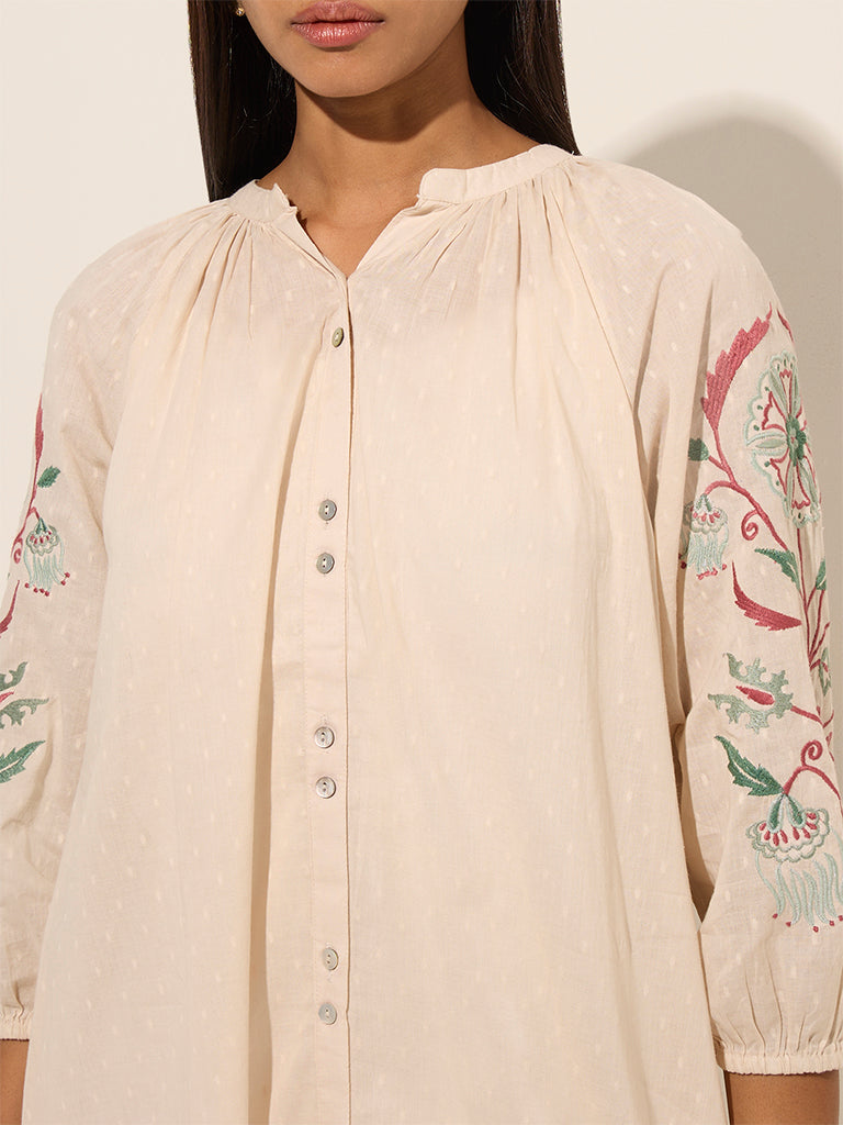 Utsa Beige Floral Embroidered Straight Cotton Kurta - Image 4