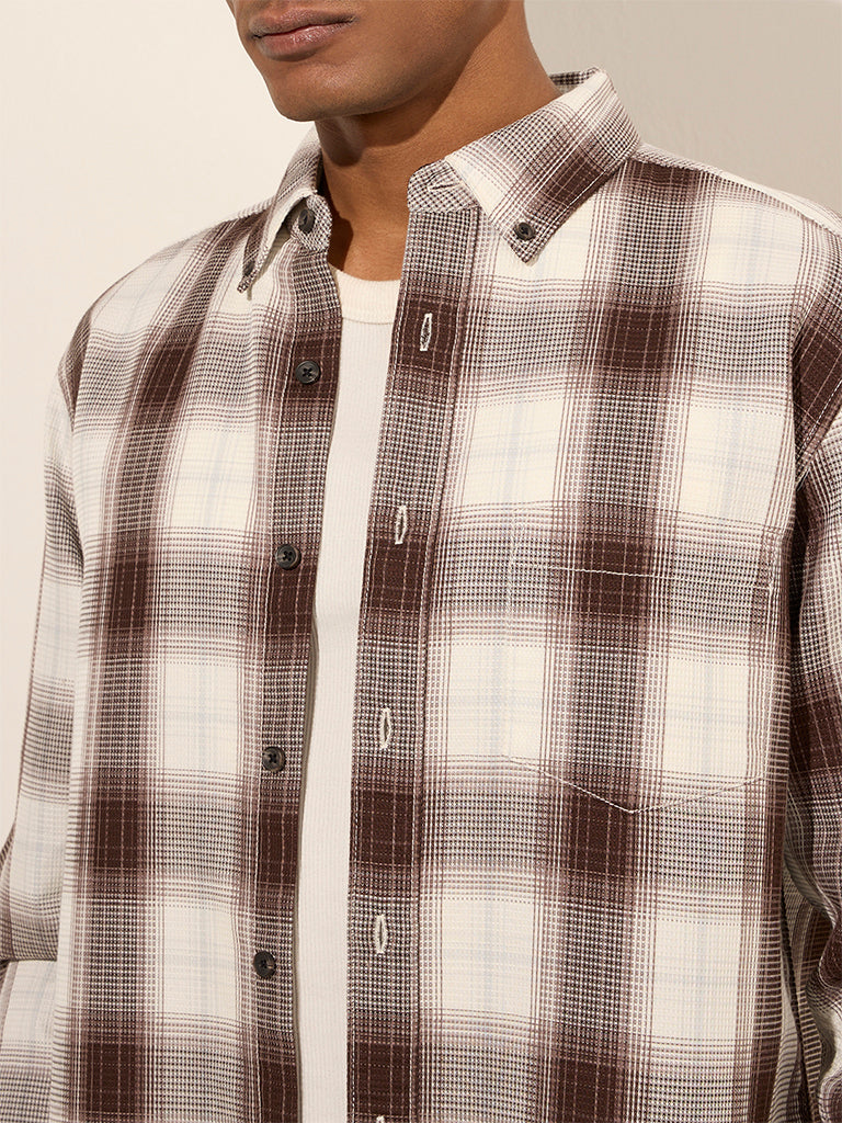 WES Casuals Brown Checks Printed Relaxed-Fit Cotton Shirt - Image 2