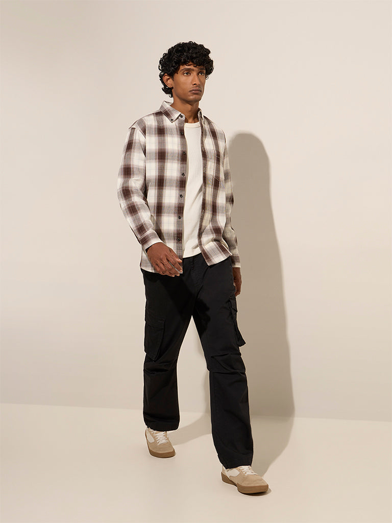WES Casuals Brown Checks Printed Relaxed-Fit Cotton Shirt - Image 3