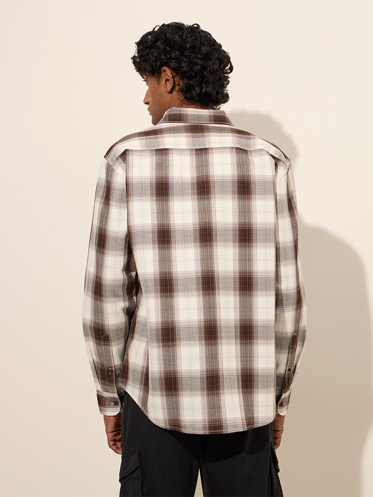 WES Casuals Brown Checks Printed Relaxed-Fit Cotton Shirt - Image 4