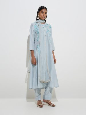 Vark Light Blue A-Line Kurta. Pants and Dupatta Set