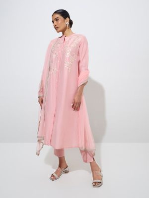 Vark Light Pink Embroidered Kurta. Pants. and Dupatta Set