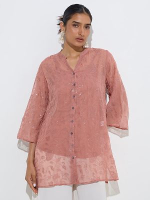 Vark Dusty Peach Sequin-Detailed Tunic with Camisole Set