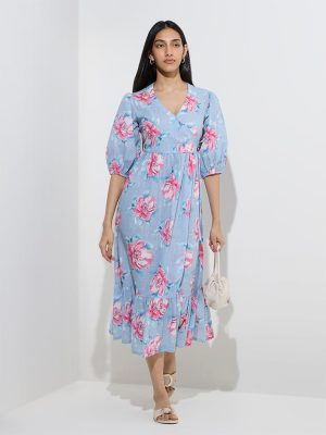 Utsa Light Blue Floral Patterned Cotton A-Line Dress