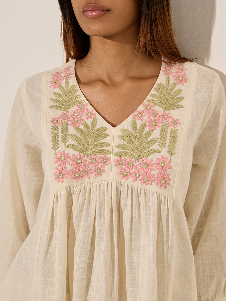 Utsa Cream Floral Embroidered A-Line Cotton Kurti - Image 2