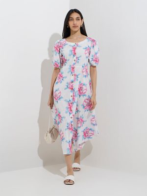 Utsa White Floral Pattern Cotton A-Line Dress