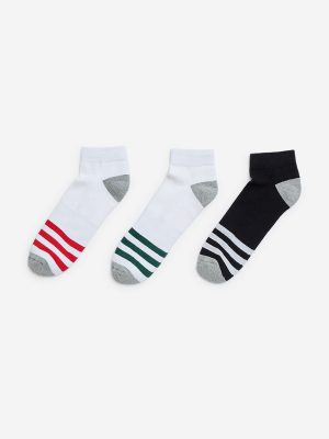 WES Lounge White Stripe Printed Cotton-Blend Socks - Pack of 3